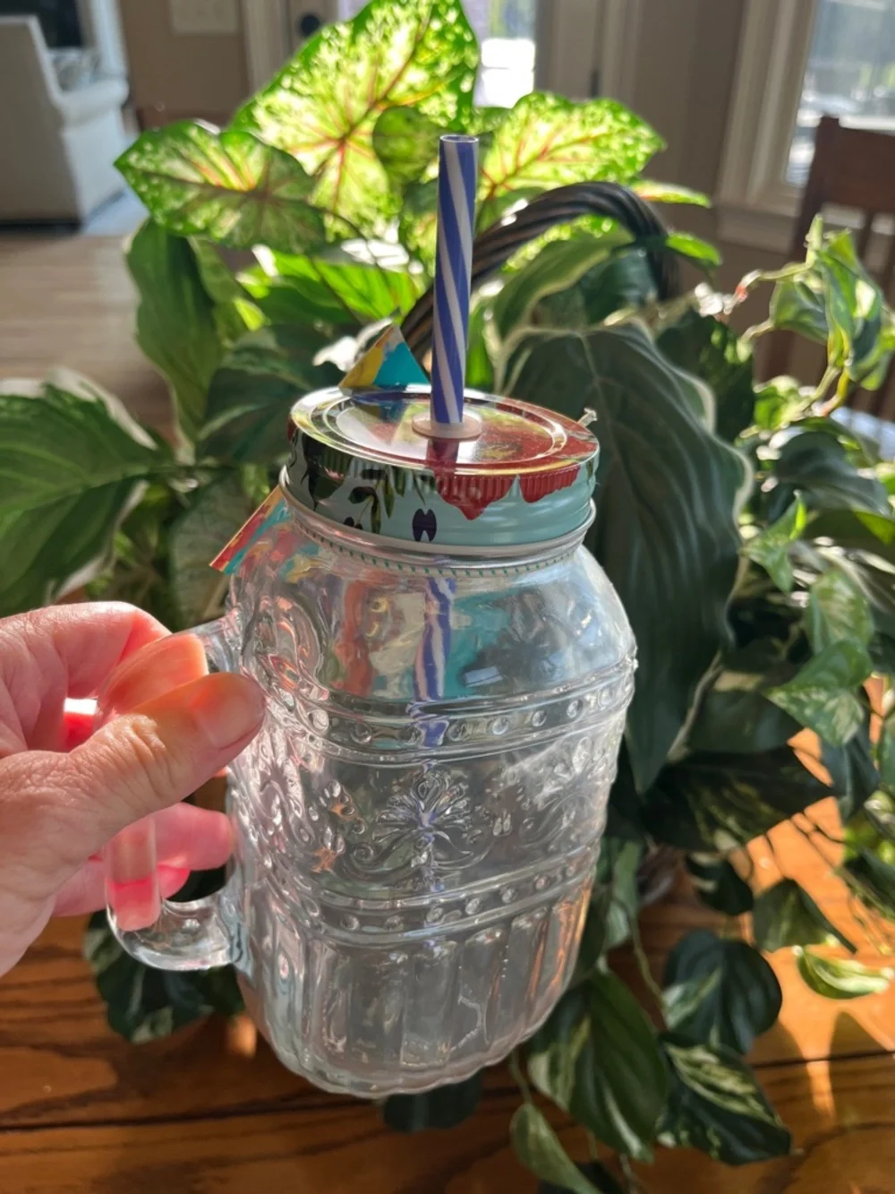 Pioneer Woman Mason Jar Clear with colorful lid and straw Drinking Glass New